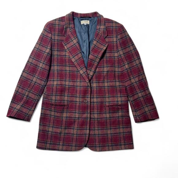 L.L. Bean Vintage 80s Wool Tartan Plaid One Button Blazer Jacket Womens 14R - Picture 1 of 6